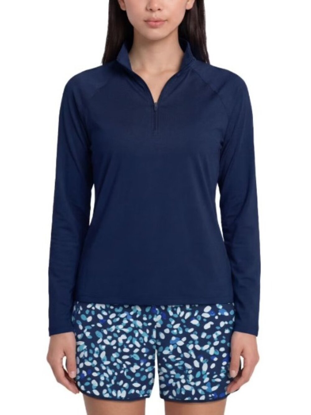 Lands End Womens Quarter Zip UV Navy Tee UPF 50 Long Sleeve-Medium-NWOT